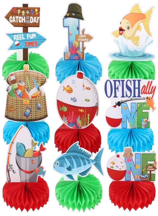 RANERVZ 9pcs Ofishally First Birthday Honeycomb Centerpieces Gone Fishing Party Table Decorations O Fishally Tabletop Centerpieces for One Birthday Baby Shower Table Topper Sign Decorations - Image 1